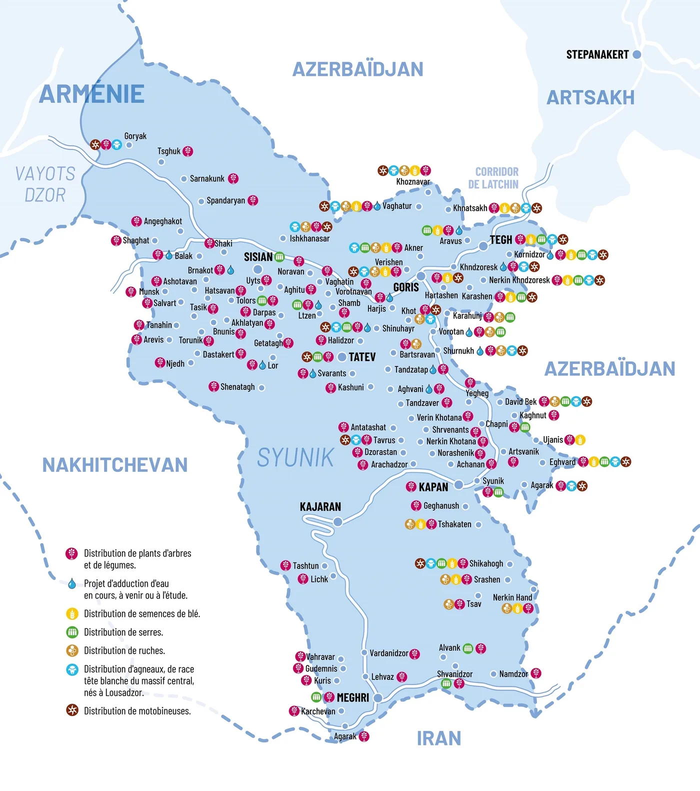 Carte des aides apportées dans la région du Syunik par le Fonds Arménien de France.