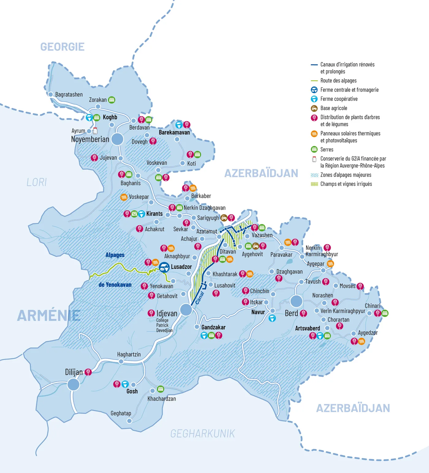 Carte des réalisations du Fonds Arménien de France dans la région du Tavush